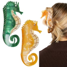 2 PCS Hippocampus Claw Clip, Unique Fashion Seahorse Hair Clip Cute Sea Animal Acetate Barrette Strong Hold Big Hairpin Anti-slip Hair Accessories for Women Girl Thick or Thin Hair （Green, Yellow）