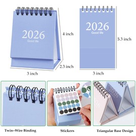 Mini Desk Calendar 2026-2027, January 2026 until July 2027, 19 Months Standing Flip Small Desktop Calendar Twin-Wire Binding with Stickers for Home Office School (Blue)