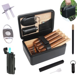 AMANCY Luxury Black leather Top-Handle 8-10 Travel Cigar Case with Draw Enhancer Tool,Portable Double Layer Cigar Humidor Box Set with 3 Jet Torch Cigar Lighter,Cigar Cutter,Pouch and Cigar Rest
