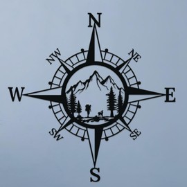 ruelen 11'' Black Metal Mountain Nautical Compass Wall Decor, Mountain Forest Decor Living Room Bedroom Office Porch Garden Patio Signs Wall Hanging Art Beach Theme Home Decoration