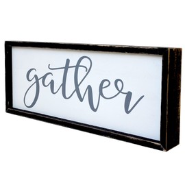 EXQUIDECA Gather Sign For Home Decor - Farmhouse Kitchen Dining Room Wall Decor - Rustic Wall Decoration in Solid Wood Thick Grey Frame 12x5 Inches
