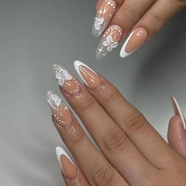 ANDGING French Tip Press on Nails Almond Short Medium White Glue on Nails with Glitter Butterfly Pearl Design Fake Nails for Wedding Birthday Manicure Acrylic False Nails Gel Stick on Nail with Glue