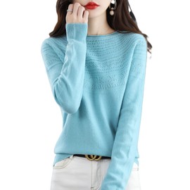 RUCPUW 100% Merino Wool Sweaters Women's Fall Winter Warm Soft Knitted Loose Pullover Crew Neck Long Sleeves(002,Lake Blue,XS)