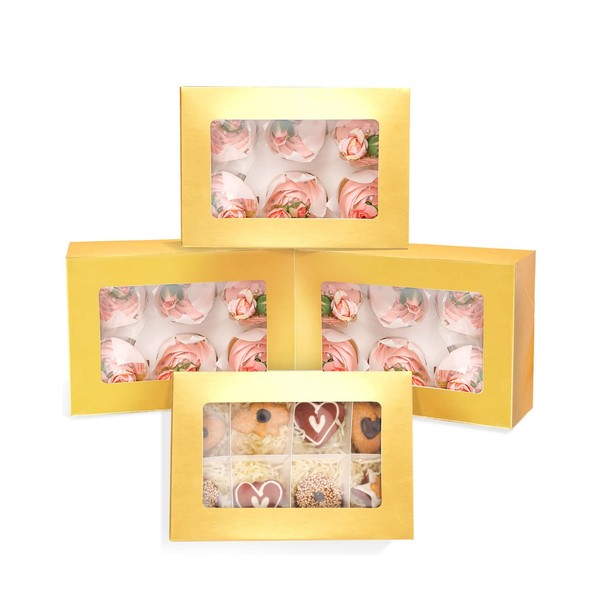 qiqee Gold 6 Cupcake Boxes with Window 30 Packs Cupcake Box 9"x6.1"x3.3" Bakery Boxes For Cupcakes Carrier, Cupcake Containers