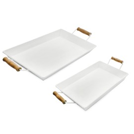AuldHome Design Enamelware Rustic Trays (Set of 2, Small & Medium, White); Farmhouse Decor Rectangular Trays w/Handles