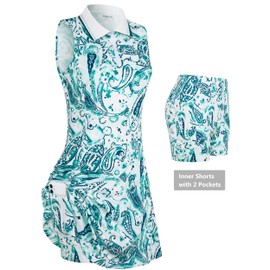 FREEYE Golf Dresses for Women Tennis Dresses Mini Dress Active Dresses with Shorts Sports Dress Green White Flowers XL