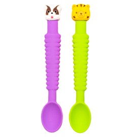 Little Grubbers 3-in-1 Baby Spoon™ – Soft Silicone Self-Feeding Utensils for Baby Led Weaning, Easy Grip, BPA-Free, Dishwasher Safe, 2-Pack – Dog & Tiger