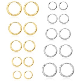 10 Pairs Silver Gold Hoop Earrings Set for Women Surgical Steel Hoop Earrings Lightweight Hypoallergenic Tiny Small Hoops For Men （8mm 10mm 12mm 14mm 16mm）