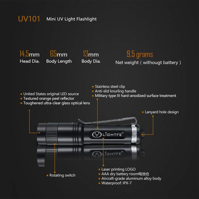 LIGHTFE Black Light 365nm UV Flashlight UV101D with High Power