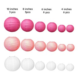 Newthinking 18 PCS Paper Lanterns Decorations, Hanging Pink Paper Lanterns, 4" 6" 8" 10" Different Sized Round Paper Lanterns for Weddings, Party Decorations, Festival (Pink&White)
