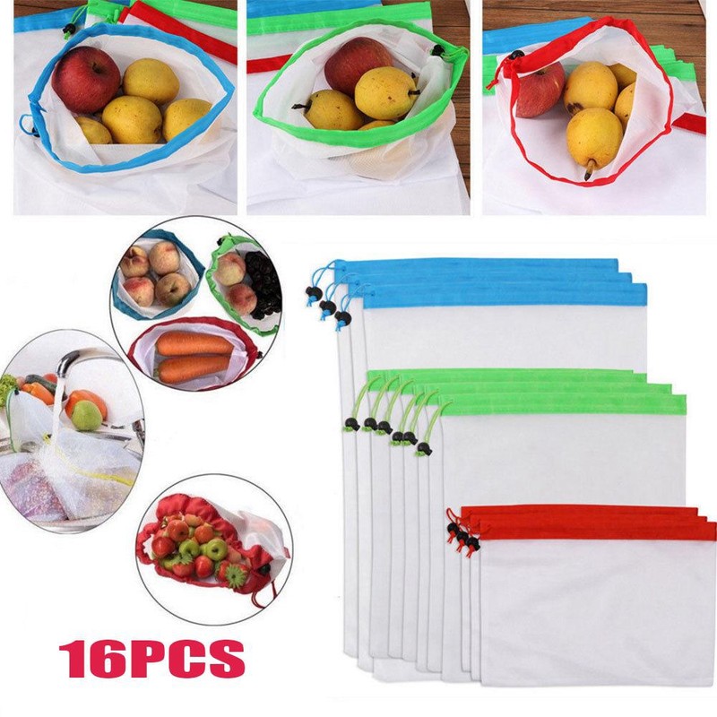 16Pcs Reusable Washable Vegetable Fruit Mesh Bags Storage Pouch with