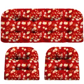 DANGHOOGY Wicker Chair Cushions, Waterproof Outdoor Loveseat Cushions for Patio Furniture, Tufted Wicker Furniture Cushions, 1 Loveseat and 2 U-Shaped Cushions (Black Floral)