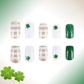 Green Shamrock Press on Nails Medium Square Fake Nails with Glue St. Patrick's Day False Nails Glossy Green Glitter Clover Nails Press ons Artificial Acrylic Nails for Women Girls 24 Pcs
