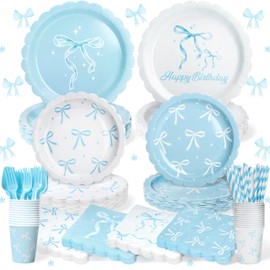 156 Pcs Blue Bow Plates and Napkins Tableware Sets with Cups and Straws, Coquette Birthday Decorations, Blue Bow Party Supplies, Bow Birthday Decorations, Serve 26 Guests