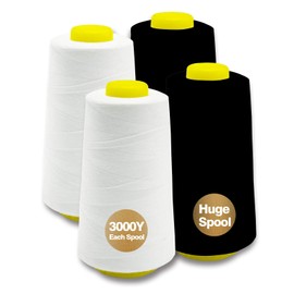 Serger Thread, All-Purpose Thread for Sewing, White Black Thread, Polyester Sewing Thread, 4 Cones of 3000 Yards Each Spool Thread for Sewing Machine Thread