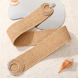 XZQTIVE Woven Elastic Belts for Women Wide Rattan Waist Belt for Summer Dress with Vintage/Round Buckle Raffia Belt, Khaki Fit Wasit Size 32"-36"