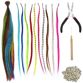 Dokpav Feather Hair Extension Set, 50 Pcs Colourful Synthetic Hair Strands 40 cm Straight Braided Wig Extensions with Beads Needle Hook and Hair Extension Pliers for Girls Women Festival Cosplay Party Supply