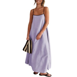 Senllen Women's Linen Dress Summer Loose Flowy Sundress Contrast Spaghetti Strap Sleeveless Backless Beach Maxi Long Dresses Light Purple