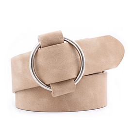 XZQTIVE Women Leather Belt No Pin Circle Buckle Fashion Waist Belt For Jean Dress Beige Round Buckle 105cm