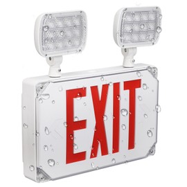 LEONLITE LED Exit Light, Wet Location Exit Sign with Emergency Lights, UL Listed, Combo Emergency Light with Battery Backup, Outdoor Hardwired Exit Light, 2 Dual Heads, Double Face, AC 120/277V, Red