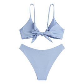 ZAFUL Women's Low Waisted Textured Knotted Cheeky Cami Bikini Set Two Piece Swimsuit (2-Light Blue2, L)