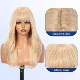 HAIRCUBE Pelucas para mujer, peluca rubia clara mixta con flequillo, peluca sintética larga ondulada natural resistente al calor, rizada, para uso dia