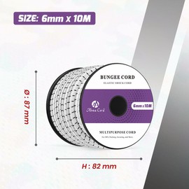 Abma Cord Bungee Cord 6mm 10M Elastic Shock Cord 100% Stretch Elastic Bungee Rope for Tarpaulin, Trailer, Backpack, Tent Pole, Kayak - White&Black