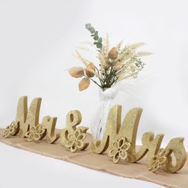 Mr & Mrs Sign for Wedding Table, Large Mr and Miss Wooden Letters, Just Married Sign Anniversary Party Valentine's Day Decor (Golden W/accessories), 12.5x7x2.5 inches