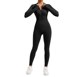 DOULAFASS Zip Full Body Jumpsuit Women's Long Sleeve Yoga One-Piece Sports Romper Ribbed All In One Bodycon Jumpsuit, #1 Black