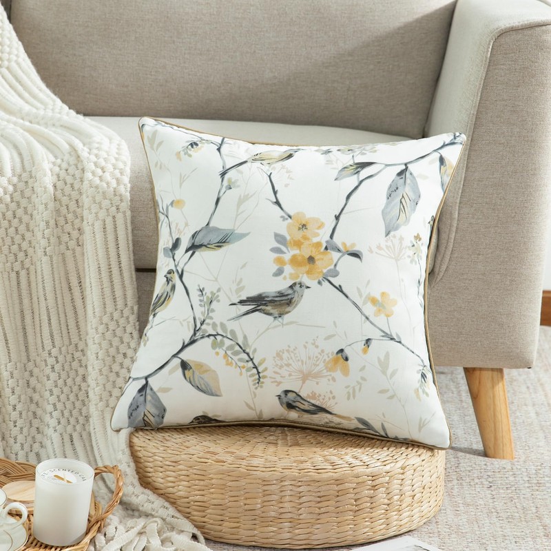 VOGOL Linen Textured Throw Pillow Covers, Grey Sparrows Print Soft