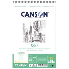 CANSON 1557 Bright White 180gsm A5 Drawing Paper, Light Grain, 30 Sheets, Ideal for Professional Artists & Illustrators