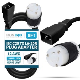 IronBox Electric - Heavy Duty IEC C20 to L6-20R Plug Adapter Power Cord - 12 AWG Jacket - Rated for 20 Amps and 250V - UL Listed Extension Cable - Ideal for Server Racks and Data Centers (8 feet)