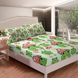 Mushroom Frog Bedding Set Full Size Cute Mushroom Sheet Set 4pcs for Kids Girls Boys Bedroom Decor Cartoon Animals Plants Deep Pocket Fitted Sheet Pink Green Top Flat Sheet,2 Pillowcases