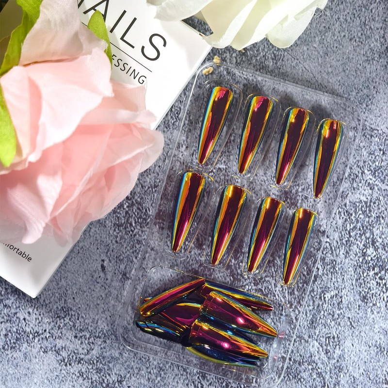 Chrome Press on Nails Medium Length Artificial Acrylic Metallic Laser