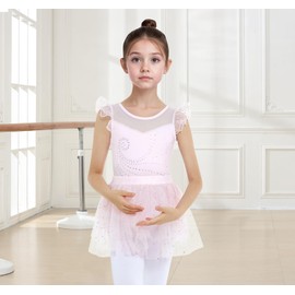 JiAmy Girls' Ballet Clothing Ruffle Sleeves Ballet Dress Kids Ballet Outfit Dance Dress Ballerina Dress with Skirt Tutu for 3-10 Years, pink, 5-6 years