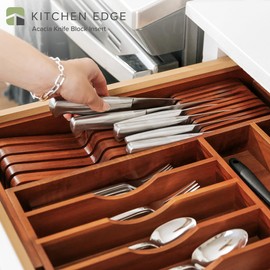 KitchenEdge Acacia Wood Kitchen Knife Block Holder Organizer - Holds 5 Long + 6 Short Knives (Not Included), Fits Most Knife Sizes, Rubber Feet, Premium Food-Safe Finish, In-Drawer Design