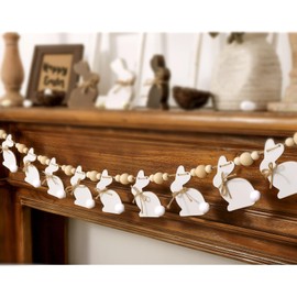 Easter Decorations Garlands, Cute Bunny Easter Garland with Wooden Beads, Rustic Banner for Mantel, Fireplace, Wall, Home, Farmhouse, Office, School Indoor Spring Decor Supplies