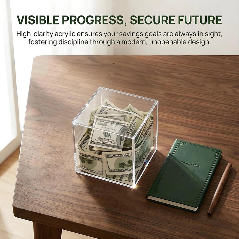 Clear Acrylic Money Box, 12X12X12cm Square Money Saving Box, Unopenable