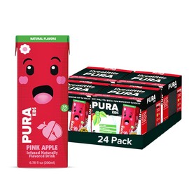 PURA Kids Juice Box - Pink Apple - Low Sugar - Naturally Flavored Infused Drink - Paper Straw - Sustainability - NON GMO -Water Box- No Artificial Sweeteners - No Colorants - Low Calories Vegan - Plant Based - Kosher- Award Winning - Environment Friendly