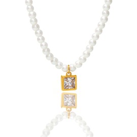 18K Gold Plated Pearl Necklaces for Women–3mm White Round Pearls Choker with Block Pendant,Dainty Beaded Chain,Adjustable 15"-17",Wedding Jewelry,Graduation Necklace Gifts for Her