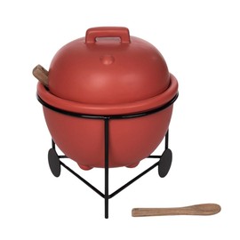Transpac BBQ Cookout 6.5 Inch Ceramic Condiment Server Holder Dish With Wooden Spoons 3 Piece Set Bright Red Mini Barbecue Grill