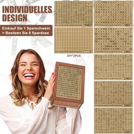 Kkluno Wooden Money Box, Money Box, with Numbers Checks, with Counter, Reusable Money Box, Money Boxes, Your €500 €1,000 €2,000 €3,000 €5,000 €10,000 Euro (Pack of 8)