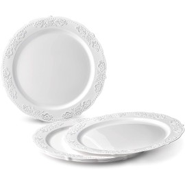" OCCASIONS" 50 Plates Pack (25 Guests)-Vintage Wedding Party Disposable Plastic Plate Set -25 x 10.25'' Dinner + 25 x 7.5'' Salad/Dessert plates (Portofino Plain White)