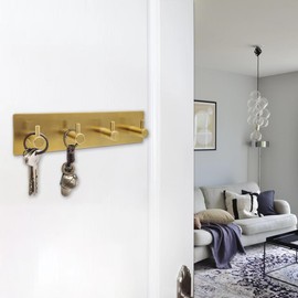 soclim Self Adhesive Key Hook Rack with 4 Hooks for Keys, Masks - Wall Mounted Entryway, Hallway Hanger - Gold