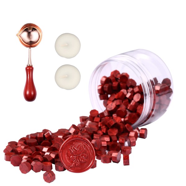 Comealltime 248-Piece Sealing Wax Set, Octagonal Sealing Wax Beads with 2 Tea Lights and 1 Melting Spoon, Sealing Wax for Wax Seal Stamp (Flame Red)