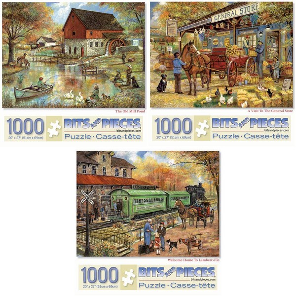 Bits and Pieces - 1000 Piece Jigsaw Puzzles for Adults - Value Set of Three (3) – Vintage Americana 20” x 27” Jigsaws by Artist Ruane Manning