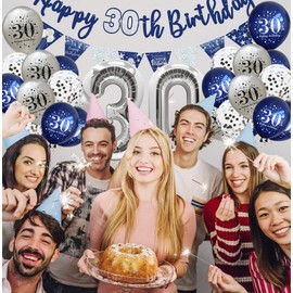 30th Birthday Decoration, Balloons 30th Birthday Decoration Set, 30th Birthday Decoration, Happy Birthday Garland Confetti Balloons Night Blue Silver Decoration, Women Man 30th Birthday Party