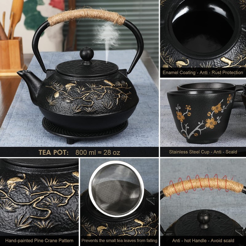 RekRang Longevity Crane Cast Iron Teapot, Japanese Style Tetsubin Tea
