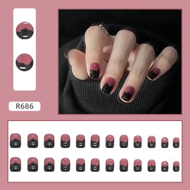 Press on Nails Short Square, 24Pcs Full Cover Reusable False Nails, Stick on Fingernails for Women, Artificial Acrylic Fake Nails with Designs, Glue on Nails Coffin Square Shape (R686)