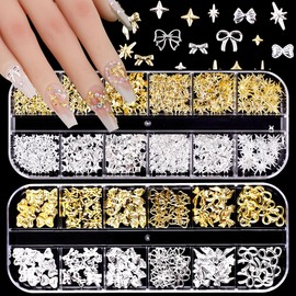 Nail Charms, 2 Boxen Gold Silber Nagel Charms 3D Gold Bogen Stern Nail Art Dekoration,3D Legierung Bow Nail Gems Nagel Deko für Frauen Acryl Nagel